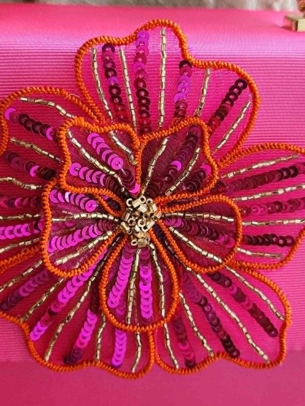 NWT Lisi Lerch Pink Lulu Handbag Gold Bamboo Handle Sequin Flower Chain Strap - Picture 7 of 11